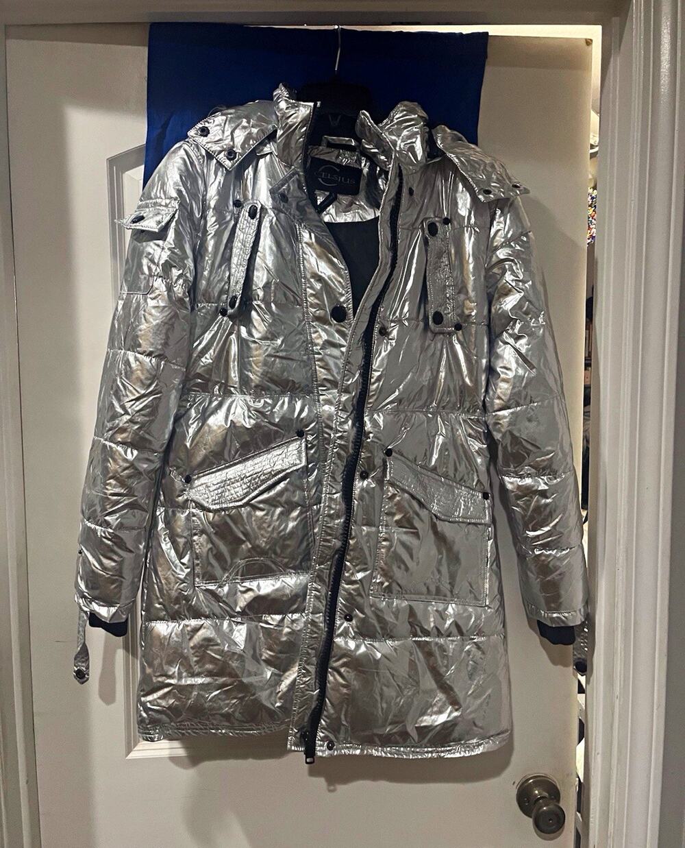 Celsius Premium Metallic Silver Hooded Puffer Jacket Faux Fur Trim M